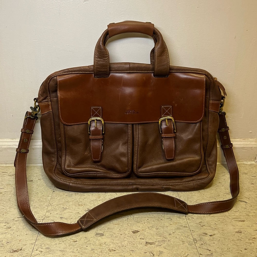 Vintage L.L. Bean Brown Leather Messenger Laptop Top Handle Bag Brief Case CLEAN